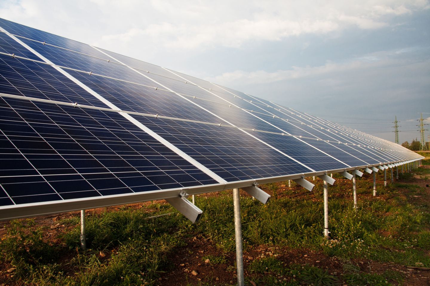 Close-up of solar panels in a grassy field with power lines visible in the background.